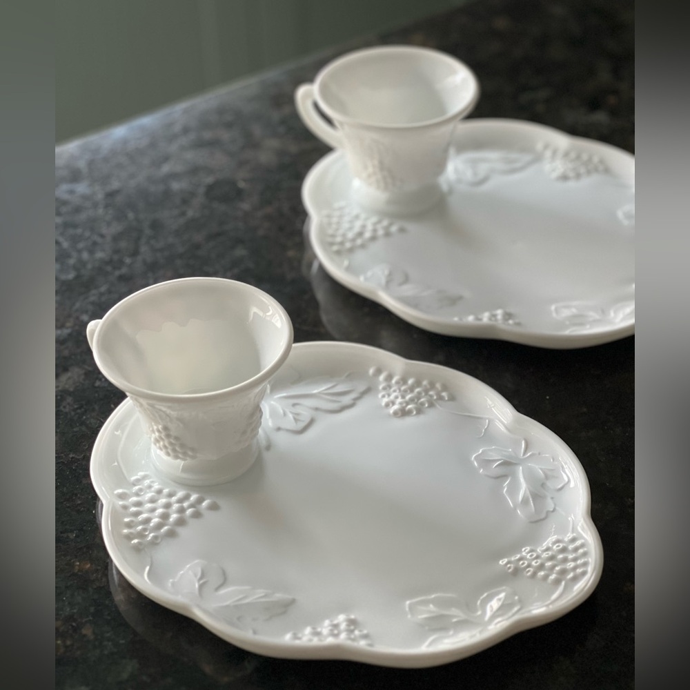 PAIR (2) of Vintage Colony Harvest Milk Glass Snack Plate & Cup Set